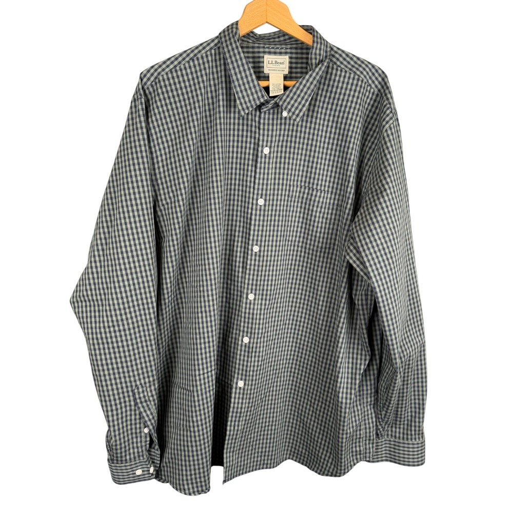LL Bean Mens XXL Tall Gingham Button Down Shirt Navy Green Slightly Fitted